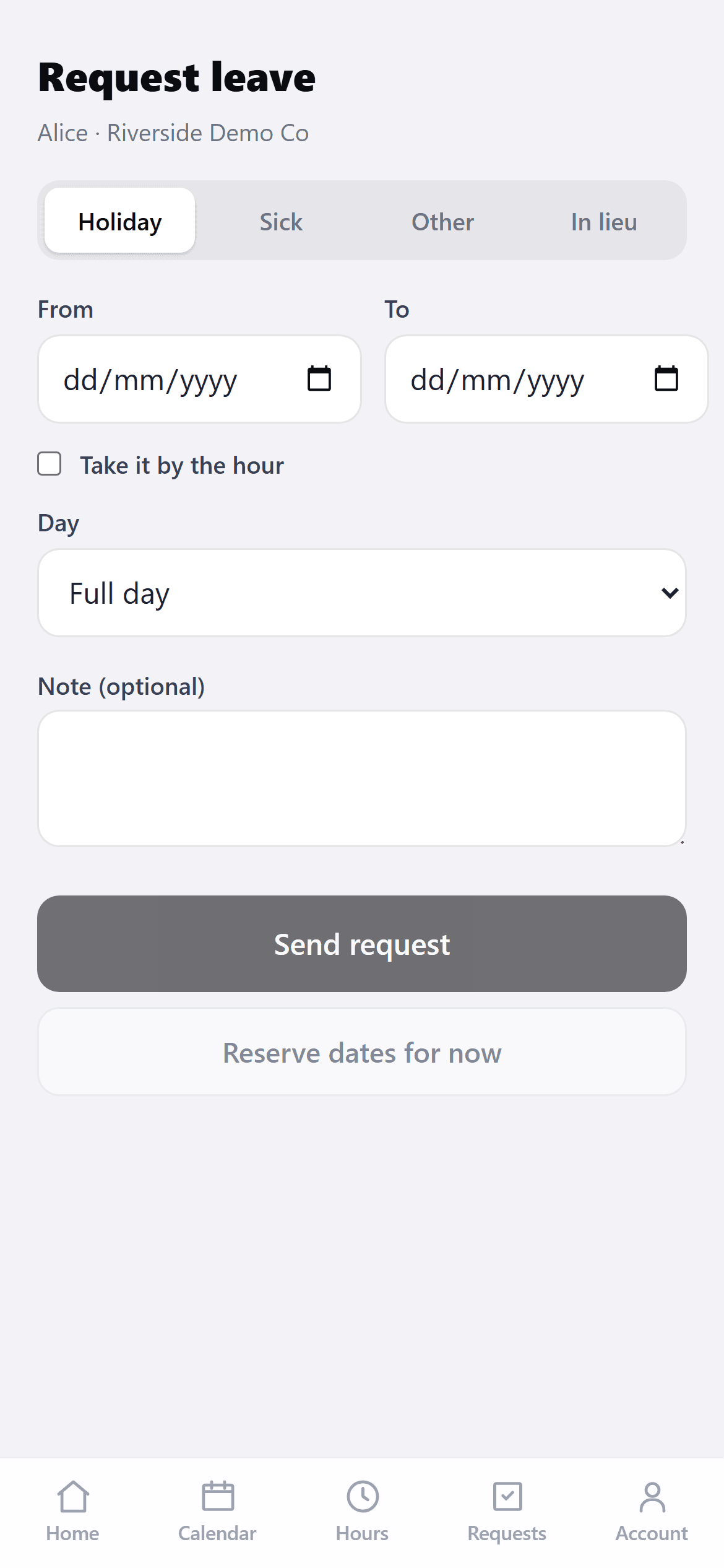 Booking time off, showing days left