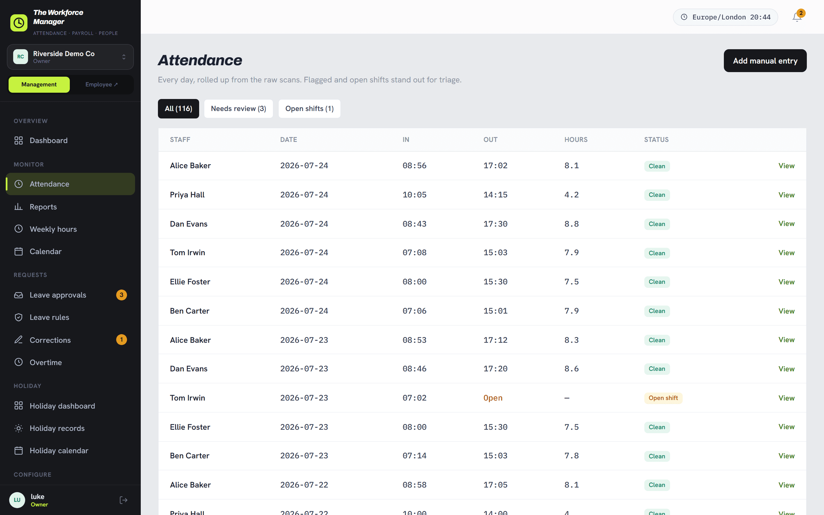 The attendance screen, each day rolled up from the raw scans