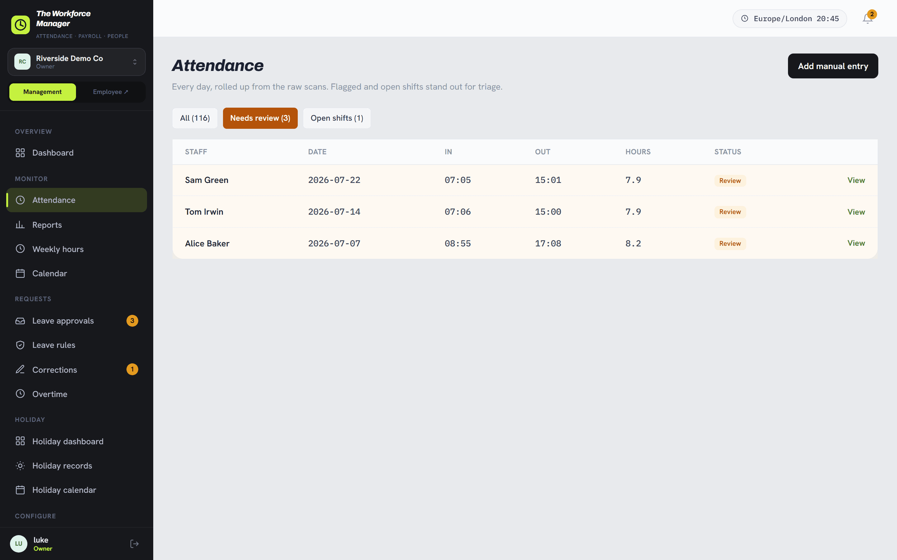 The attendance screen with a day flagged for review