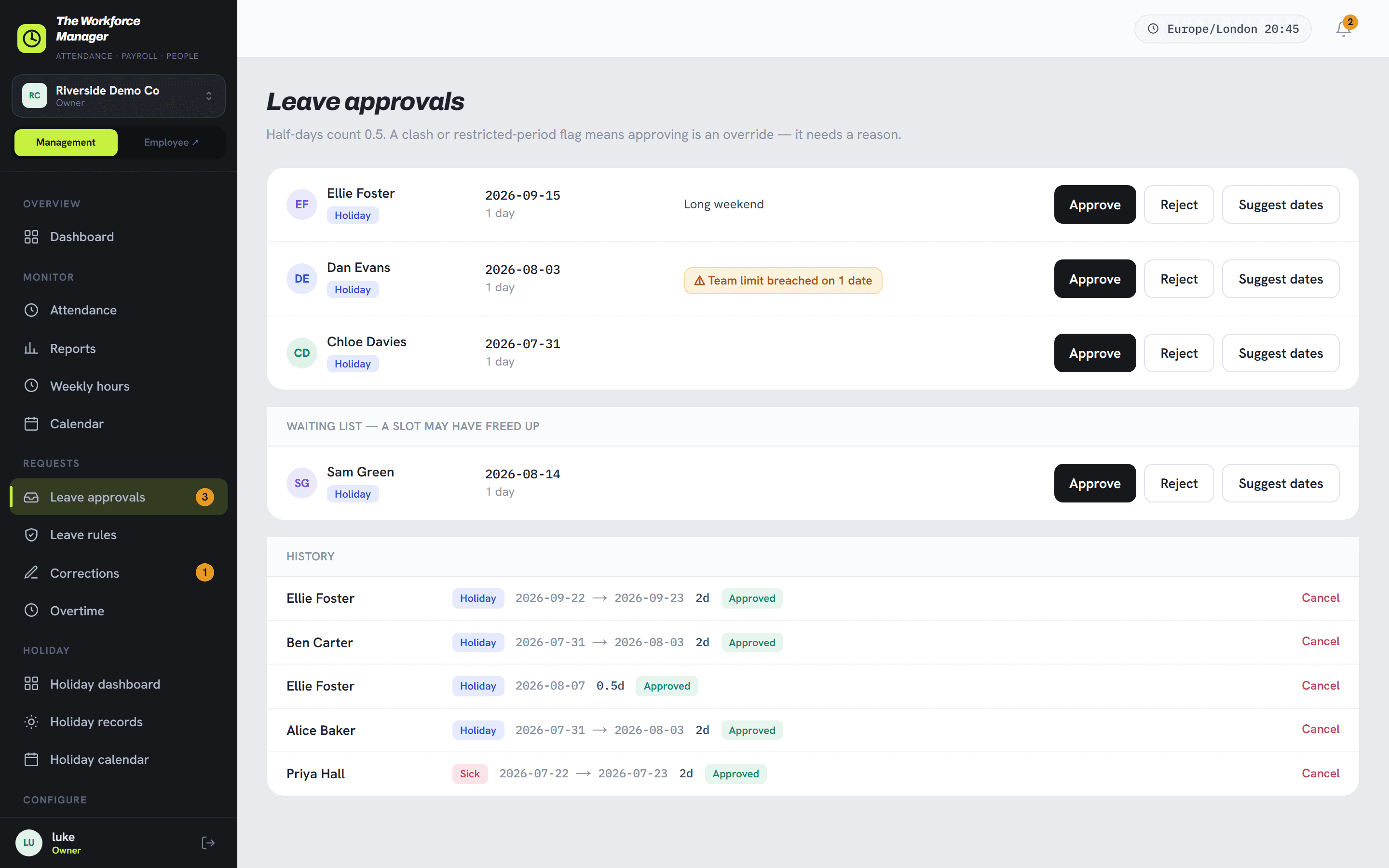 The leave approvals screen