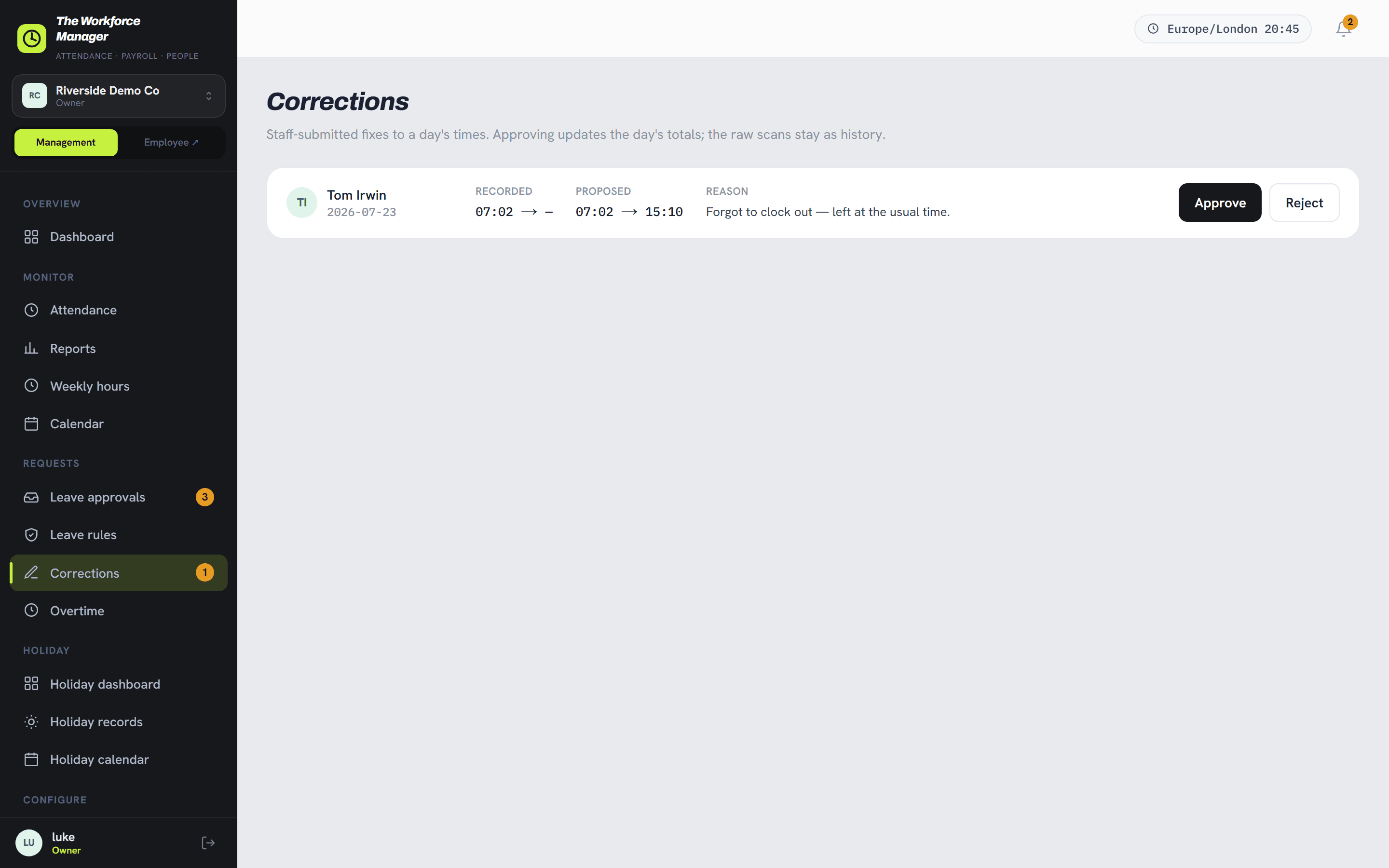 A correction request beside the recorded time