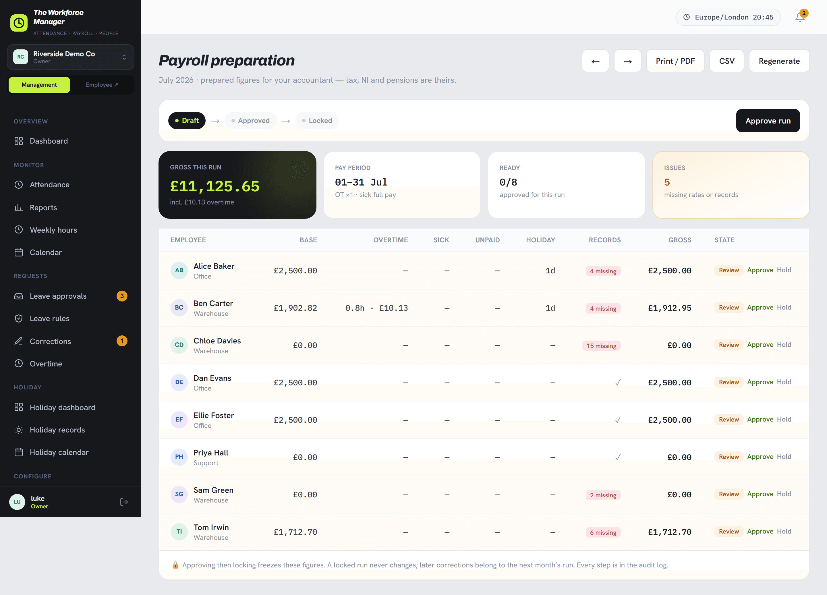 A draft payroll run
