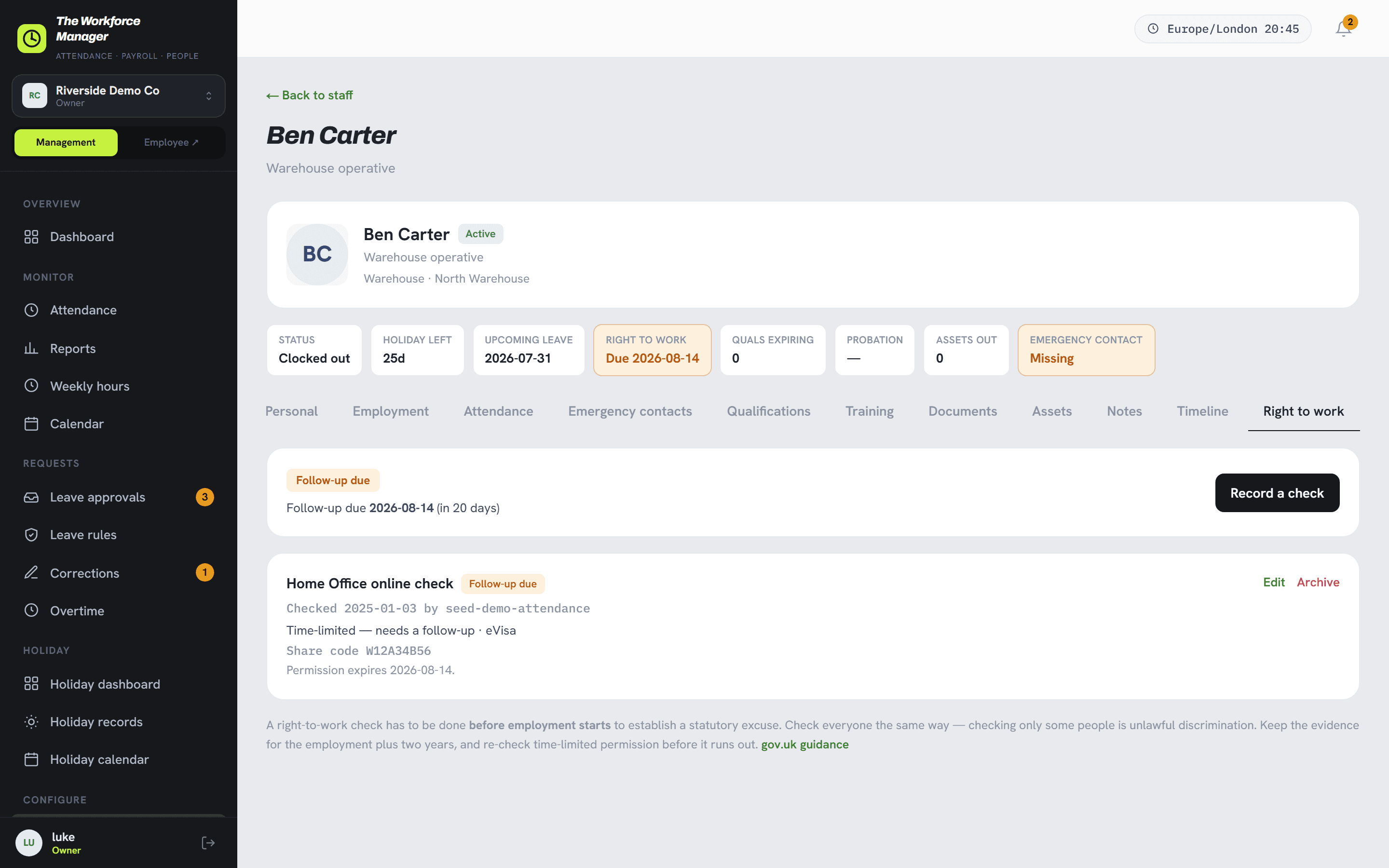 The right to work tab on an employee record