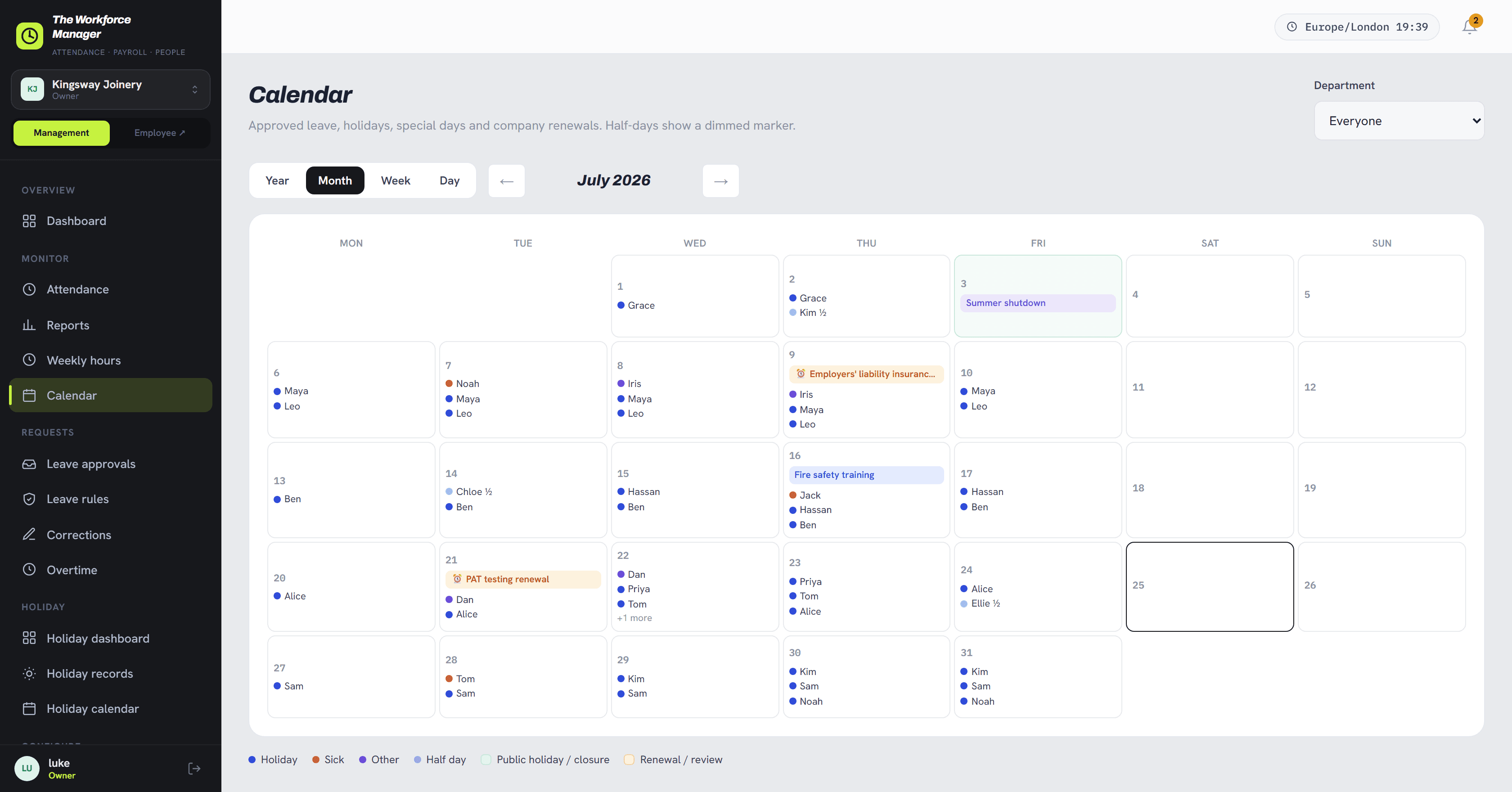 The Workforce Manager calendar, showing a month of approved leave, a company shutdown and renewal dates across a team