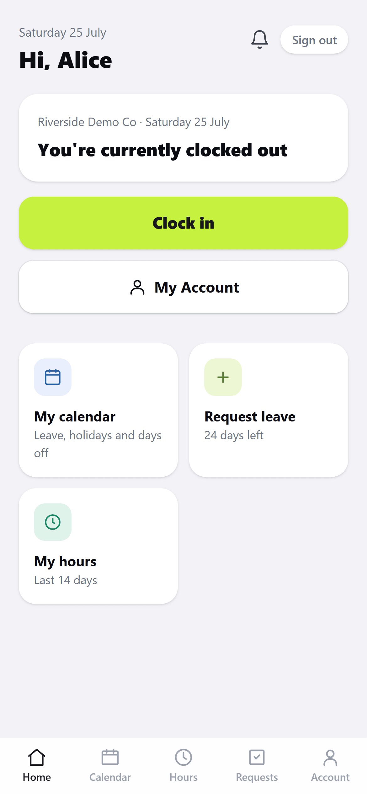 The staff app home screen with clock-in