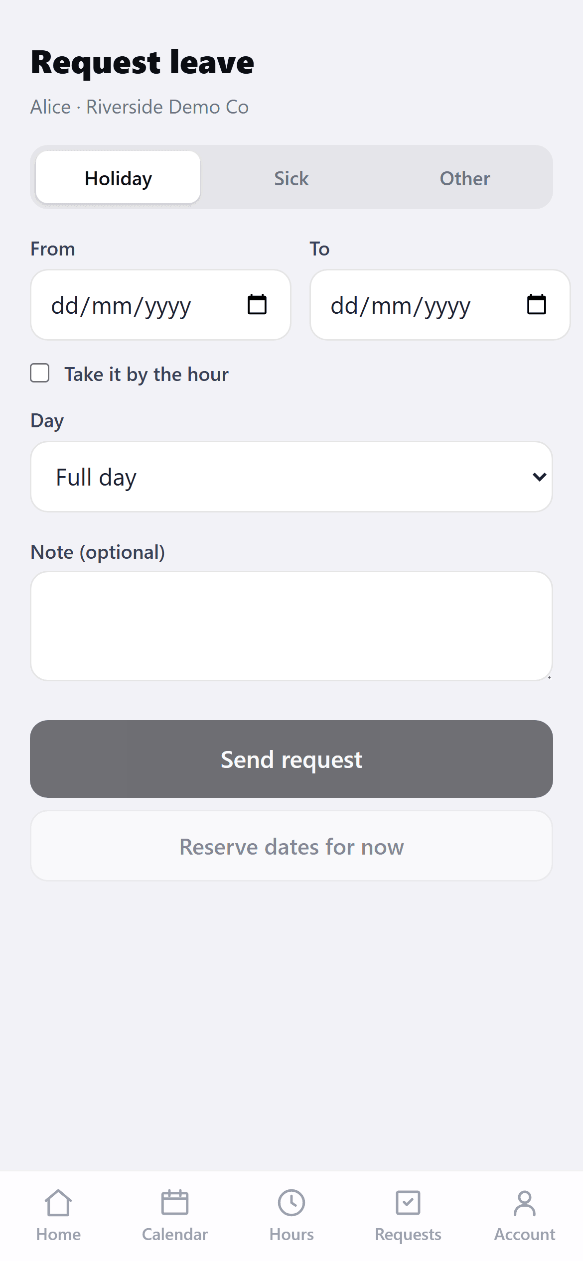 Booking time off, showing days left