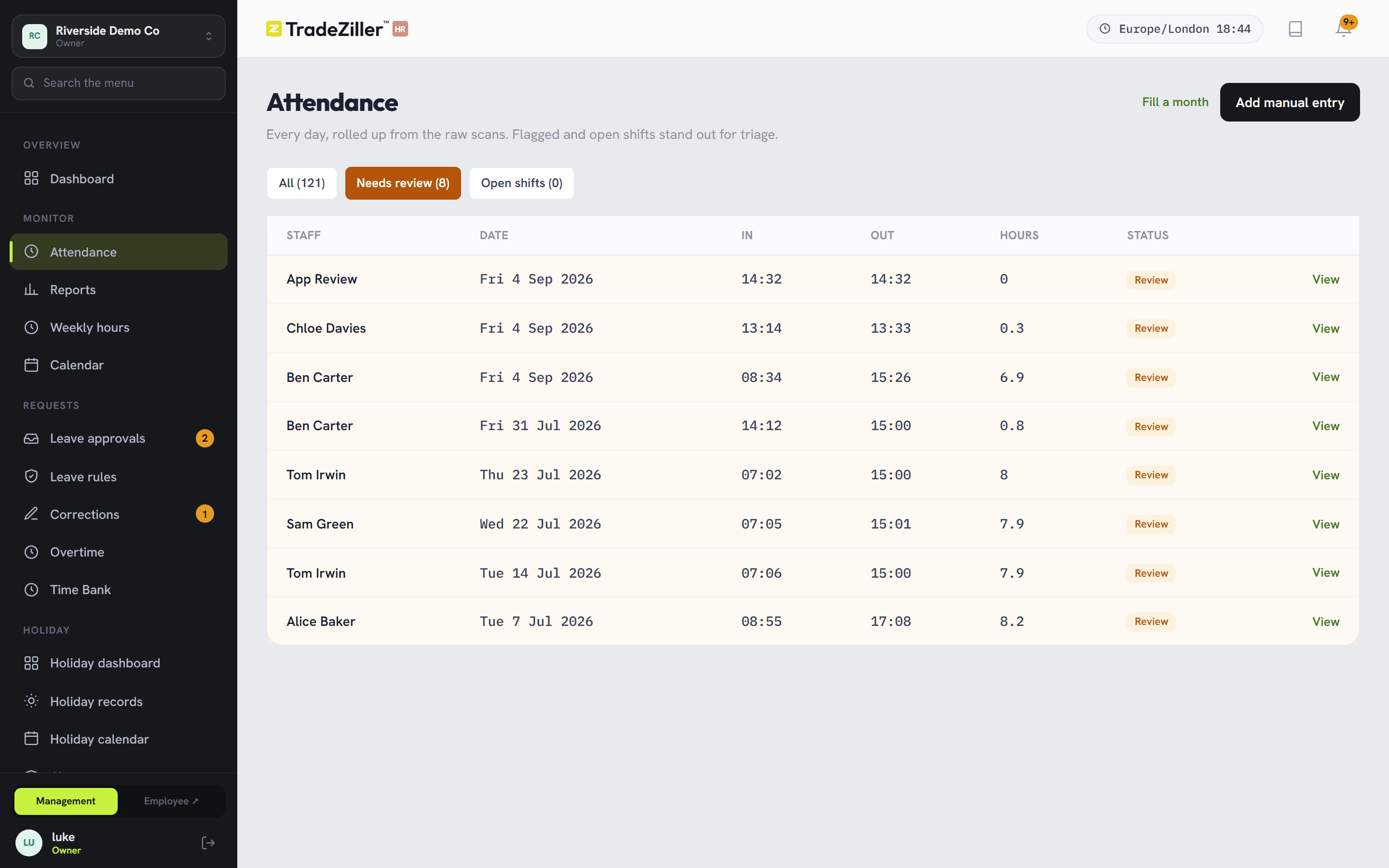The attendance screen with a day flagged for review